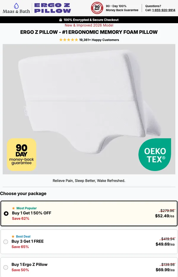 Maas & Bath Ergo Pillow official checkout page with package selection